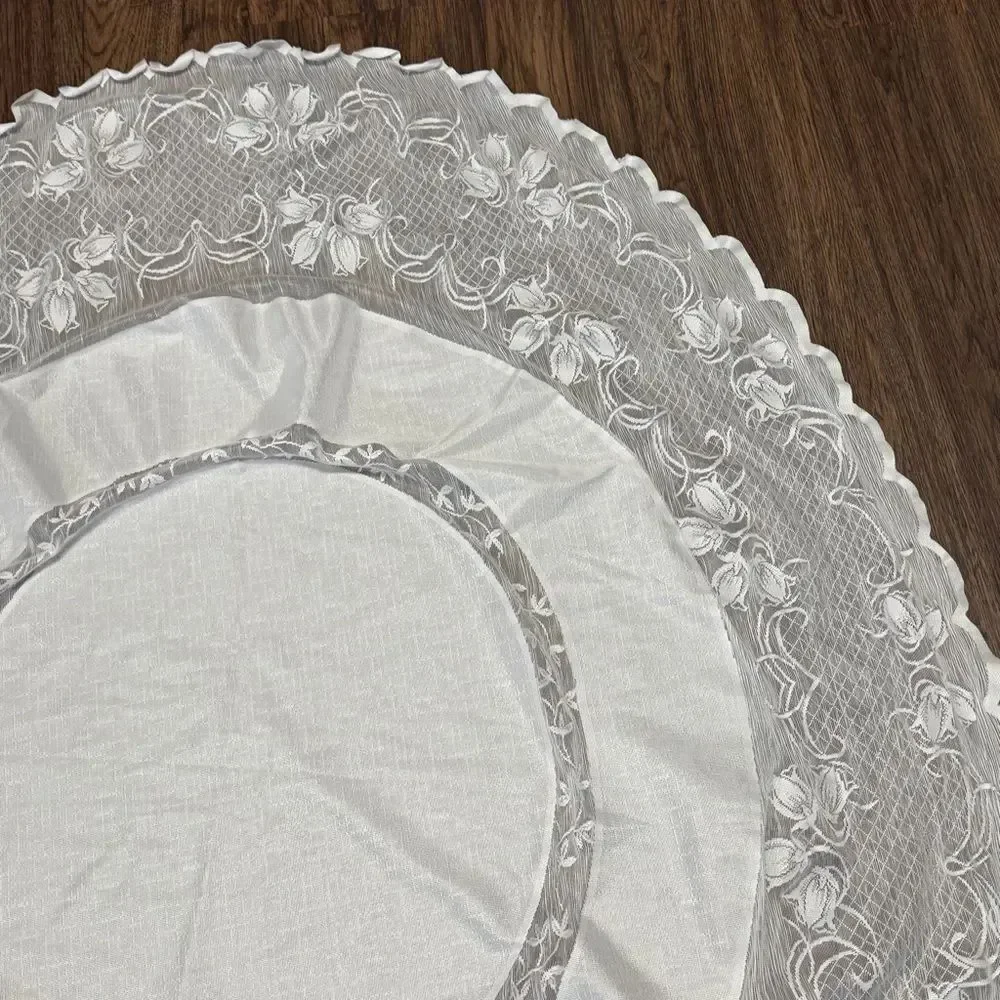 Vintage Ivory White Oval Tablecloth Solid Central Panel With Tiered Lace Border